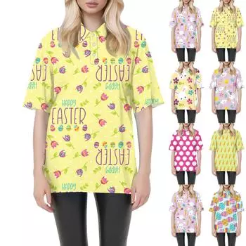 Женская мода повседневная блузка с коротким рукавом и принтом Пасхи на лацканах L хаки