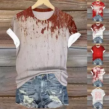 Женская мода повседневная блузка с круглым вырезом и коротким рукавом на Хэллоуин XXXL винный