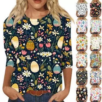 Женская мода повседневная блузка с круглым вырезом и принтом «Пасха» из семи рукавов XL чёрный