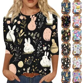 Женская мода повседневная блузка с круглым вырезом и принтом «Пасха» из семи рукавов XXXXXL зелёный