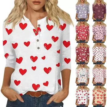 Женская мода повседневная блузка с пуговицами и рукавом 3/4 с принтом ко Дню святого Валентина L