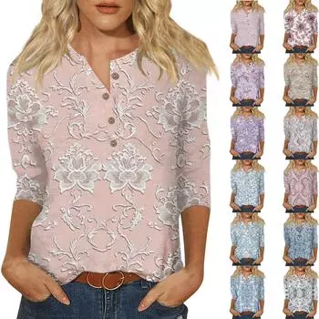 Женская мода повседневная блузка с пуговицами и рукавом 3/4 с принтом ко Дню святого Валентина L синий