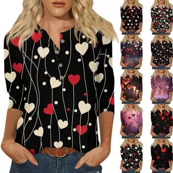 Женская мода повседневная блузка с пуговицами и рукавом 3/4 с принтом ко Дню святого Валентина S красный