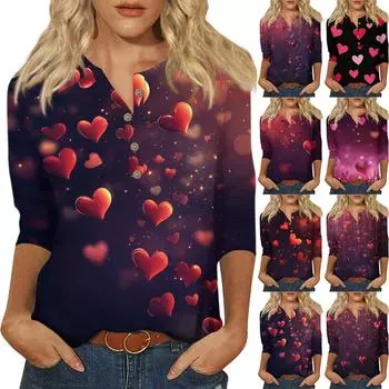 Женская мода повседневная блузка с пуговицами и рукавом 3/4 с принтом ко Дню святого Валентина L