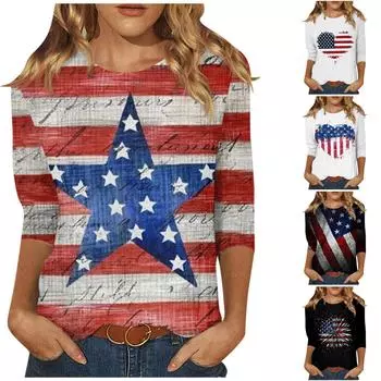 Женская мода, повседневная блузка с рукавом три четверти, пуловер с круглым вырезом и принтом в честь Дня независимости L чёрный