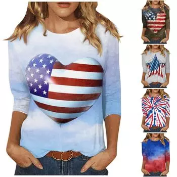 Женская мода, повседневная блузка с рукавом три четверти, пуловер с круглым вырезом и принтом в честь Дня независимости XXL коричневый