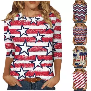 Женская мода, повседневная блузка с рукавом три четверти, пуловер с круглым вырезом и принтом в честь Дня независимости XL белый
