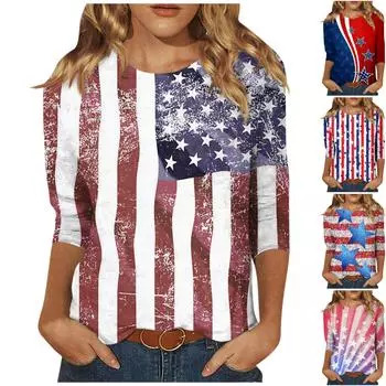 Женская мода, повседневная блузка с рукавом три четверти, пуловер с круглым вырезом и принтом в честь Дня независимости L