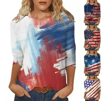 Женская мода, повседневная блузка с рукавом три четверти, пуловер с круглым вырезом и принтом в честь Дня независимости L бежевый