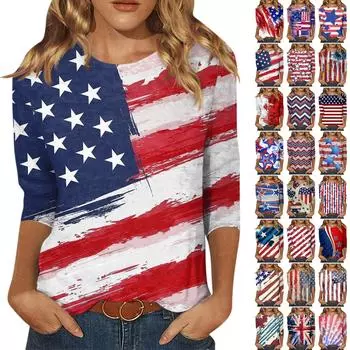 Женская мода, повседневная блузка с рукавом три четверти, пуловер с круглым вырезом и принтом в честь Дня независимости L синий