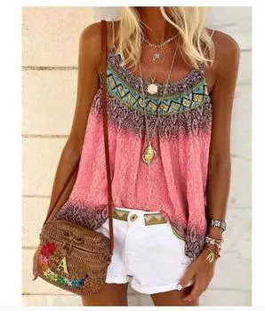 Женская мода, повседневная бретелька, свободная пляжная хлопковая футболка с принтом S синий