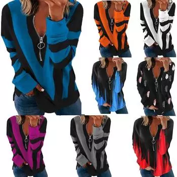 Женская мода повседневная цветная блочная печать осень и зима женская V-образная горловина молния персонализированный принт женская толстовка с длинными рукавами XXXXXL белый