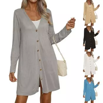 Женская мода повседневная цветочная однотонная средняя длина кардиган куртка пальто XL синий