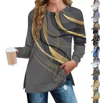 Женская мода повседневная цветочная печать плиссированный подол разрез свободный крой осенний свитшот длинный рукав топ S хаки