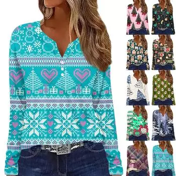 Женская мода повседневная цветочная рождественская печать V-образный вырез с длинными рукавами на пуговицах с длинными рукавами топ XXL
