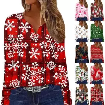 Женская мода повседневная цветочная рождественская печать V-образный вырез с длинными рукавами на пуговицах с длинными рукавами топ L чёрный