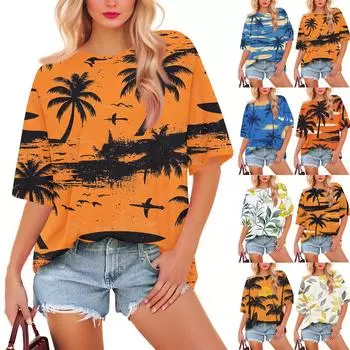 Женская мода повседневная цветочная свободная круглая горловина короткий рукав модная праздничная футболка топ XXL