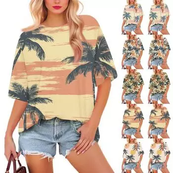 Женская мода повседневная цветочная свободная круглая горловина короткий рукав модная праздничная футболка топ L винный