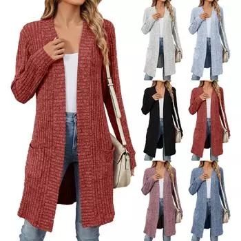 Женская мода повседневная длинная однотонная цветная куртка-кардиган с длинным рукавом и свободными карманами L чёрный