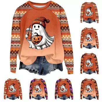 Женская мода повседневная длинная рукава Хэллоуин принт реглан круглый вырез свитер топ XL бежевый