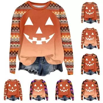 Женская мода повседневная длинная рукава Хэллоуин принт реглан круглый вырез свитер топ L бежевый