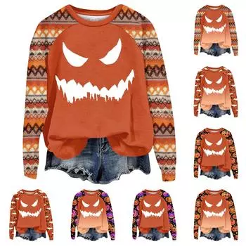 Женская мода повседневная длинная рукава Хэллоуин принт реглан круглый вырез свитер топ L чёрный