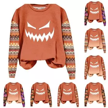 Женская мода повседневная длинная рукава Хэллоуин принтованный круглый вырез свитер Топ S