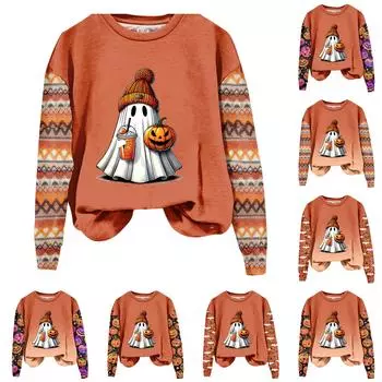 Женская мода повседневная длинная рукава Хэллоуин принтованный круглый вырез свитер Топ L бежевый