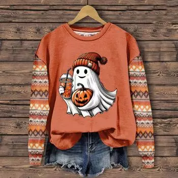 Женская мода повседневная длинная рукава Хэллоуин принтованный круглый вырез свитер Топ M хаки