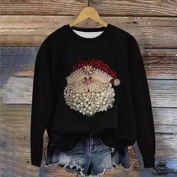 Женская мода повседневная длинная рукава рождественский принт круглый вырез пуловер топ L чёрный