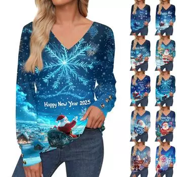 Женская мода повседневная длинная рукава рождественский принт V-образный вырез свитер топ L
