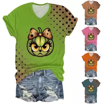 Женская мода повседневная длинная рукава рождественский принтованный топ M зелёный