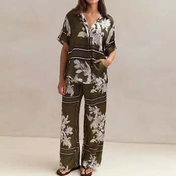 Женская мода повседневная домашняя одежда модный повседневный принт кардиган рубашка брюки комплект XL коричневый