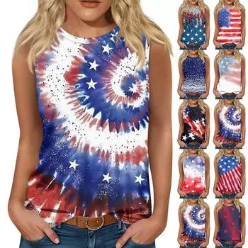 Женская мода повседневная футболка без рукавов с круглым вырезом и принтом в честь Дня независимости XXL