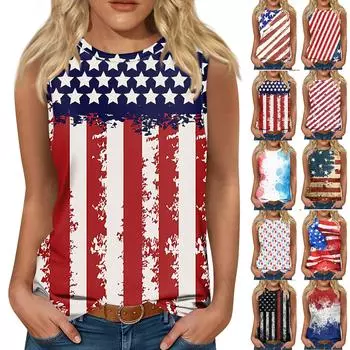 Женская мода повседневная футболка без рукавов с круглым вырезом и принтом в честь Дня независимости L красный