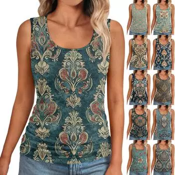 Женская мода повседневная футболка без рукавов с узким поясом и принтом в стиле ретро L коричневый