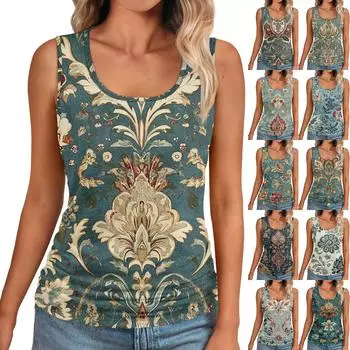 Женская мода повседневная футболка без рукавов с узким поясом и принтом в стиле ретро M тёмно-синий