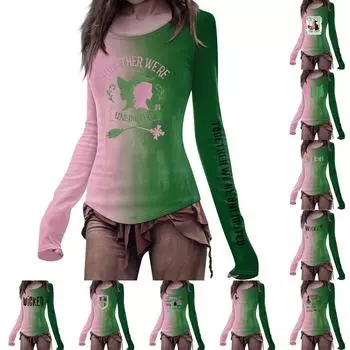 Женская мода повседневная футболка Mori Slim с длинным рукавом и круглым вырезом с принтом L армия зеленый