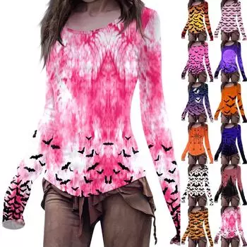 Женская мода повседневная футболка Mori Slim с длинным рукавом и круглым вырезом на Хэллоуин L чёрный