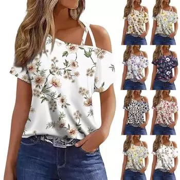 Женская мода, повседневная футболка с цветочным принтом, сексуальная футболка без бретелек с коротким рукавом, топ