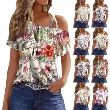 Женская мода, повседневная футболка с цветочным принтом, сексуальная футболка без бретелек с коротким рукавом, топ