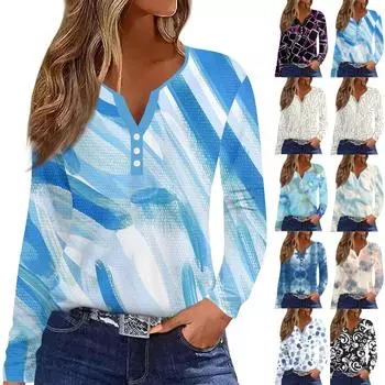 Женская мода, повседневная футболка с цветочным принтом, V-образным вырезом, длинными рукавами и пуговицами, топ с длинными рукавами S