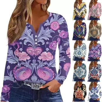 Женская мода, повседневная футболка с цветочным принтом, V-образным вырезом, длинными рукавами и пуговицами, топ с длинными рукавами S