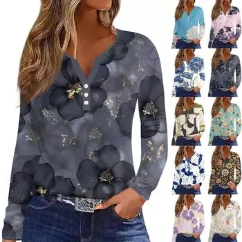 Женская мода, повседневная футболка с цветочным принтом, V-образным вырезом, длинными рукавами и пуговицами, топ с длинными рукавами L армия зеленый