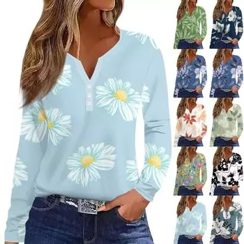 Женская мода, повседневная футболка с цветочным принтом, V-образным вырезом, длинными рукавами и пуговицами, топ с длинными рукавами XL синий