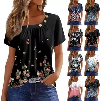 Женская мода Повседневная футболка с цветочным принтом на пуговицах с круглым вырезом и коротким рукавом Топ L чёрный