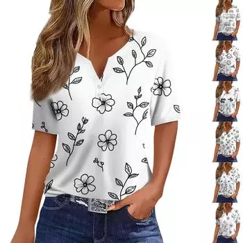 Женская мода повседневная футболка с цветочным принтом и V-образным вырезом, коротким рукавом, на пуговицах L чёрный