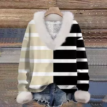 Женская мода повседневная футболка с длинным рукавом и V-образным вырезом с принтом L бежевый