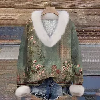 Женская мода повседневная футболка с длинным рукавом и V-образным вырезом с принтом L армия зеленый