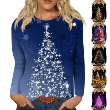 Женская мода Повседневная футболка с длинным рукавом с рождественским принтом и круглым вырезом Топ XXXXXL фиолетовый